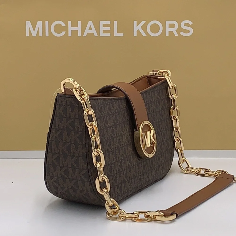 MICHAEL KORS Carmen Small Shoulder Pochette Bag BROWN SIGNATURE COLOR  NWT